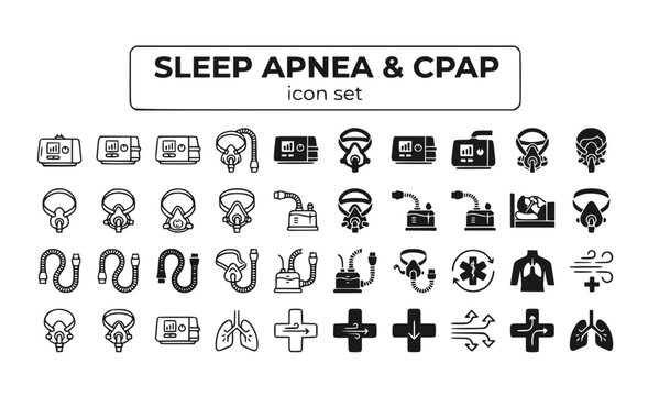 Sleep Apnea CPAP Machine Mask Breathing Device Therapy Treatment Continuous Airway Pressure Respiratory Medical Equipment Vector Icon Set - CPAP Therapy