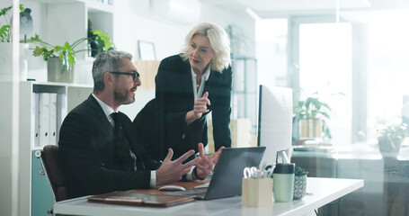 Corporate, team and discussion in office with computer, business advice and accounting mentorship....