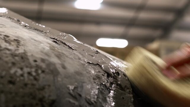 Follow shot with a slow tilt down as a hand uses a sponge to smooth wet grout on the curved surface of a pizza oven during construction.