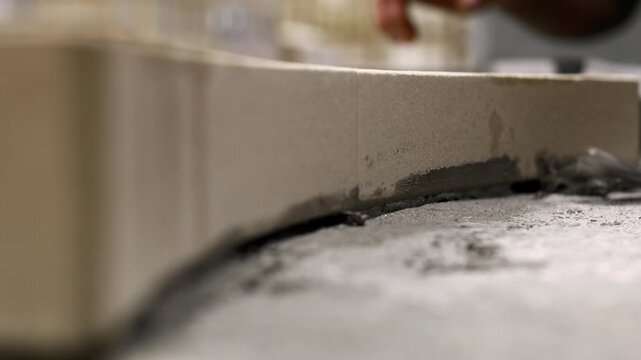 Static extreme close-up shot of fresh grout being applied along the inner seam of a curved pizza oven, emphasizing texture and precision during construction.
