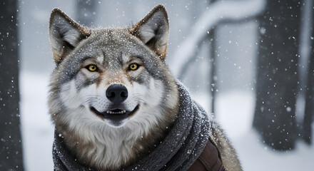Fototapeta premium A charming portrait of a grey wolf wearing a warm scarf while smiling playfully in a snowy forest