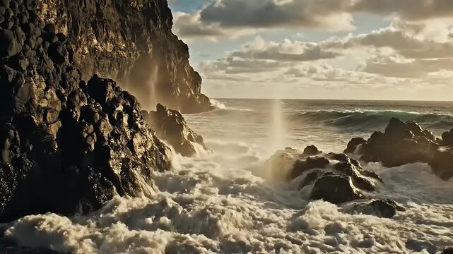 Ocean wave crashing against rocky cliffs under cloudy sky
