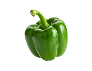 A vibrant green bell pepper with a glossy sheen on a dark background
