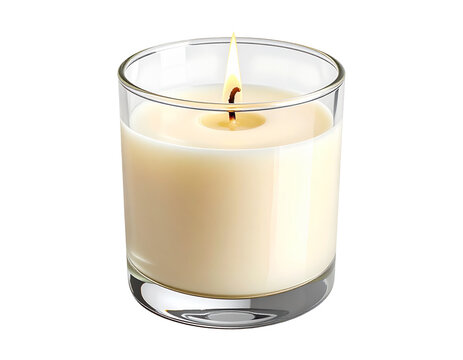 A lit, creamy, beeswax candle in a clear glass container on a black background