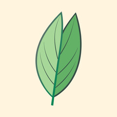 Two vibrant green leaves in a simple, stylized illustration on beige background