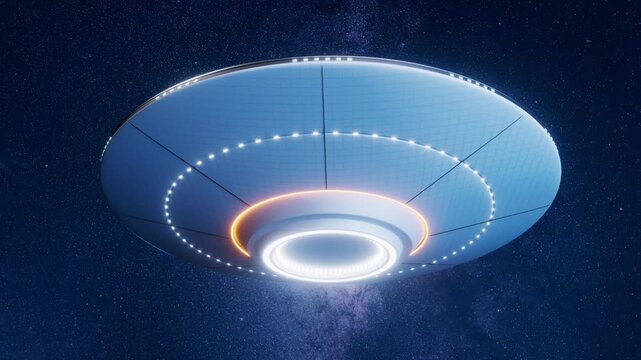 Cinematic flying saucer hovering in deep space with glowing lights and starry background