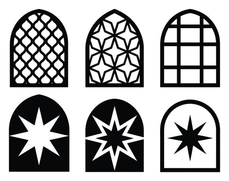 Collection of Six Gothic Arch Window Designs with Geometric and Star Patterns