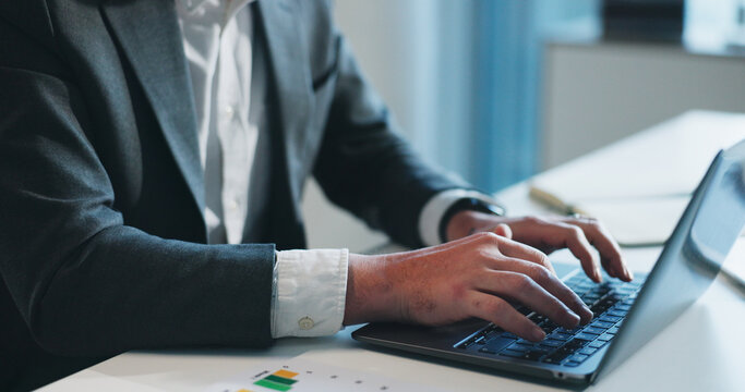 Hands, business and man in office, laptop for online reading and checklist for revenue audit. Person, accountant and employee with pc, email for funds management and feedback for finance compliance