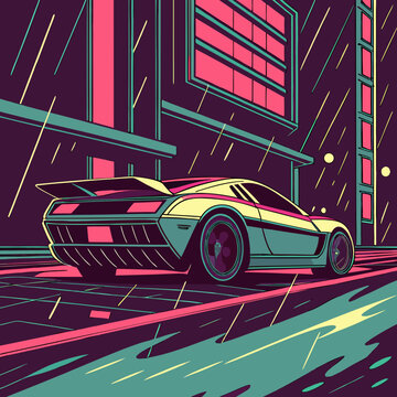 Futuristic hovercar racing through a neon city at night