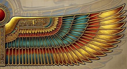 Ornate ancient style golden wings with intricate colorful feathers and traditional symbolic patterns