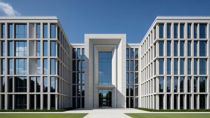 Fototapeta premium A modern symmetrical office building with a light colored facade and extensive glass windows stands against a clear blue sky high quality professional detailed elegant stylish