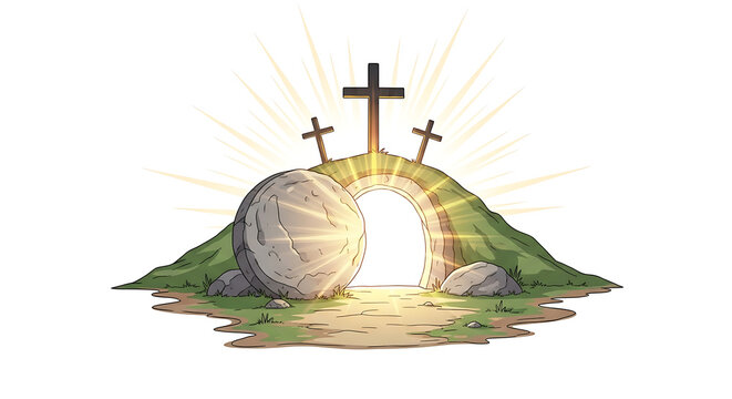 Jesus christ resurrection scene with open tomb and three crosses