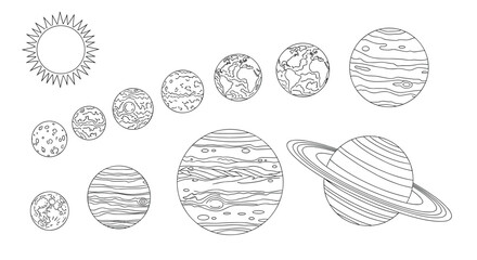 Scientific black and white line drawing of the sun and the planets of our solar system in various sizes on a white background.