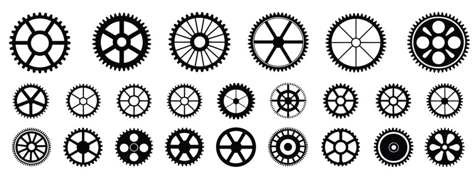 Gear Wheel Icon Set, Cogwheel Icons Collection and Gearwheel Symbols Representing Settings, Robotics, Clockwork, Machinery, Engineering, Engine Transmission, and Mechanical Mechanisms in Vector 