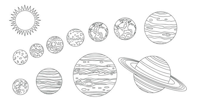 Scientific black and white line drawing of the sun and the planets of our solar system in various sizes on a white background.