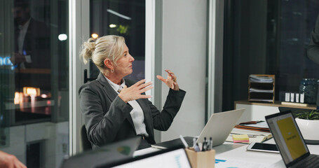 Night, meeting and woman in office with proposal, business people and brainstorming ideas at...