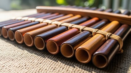Naklejka premium Close-up of a traditional panpipe instrument on a woven surface with natural lighting.