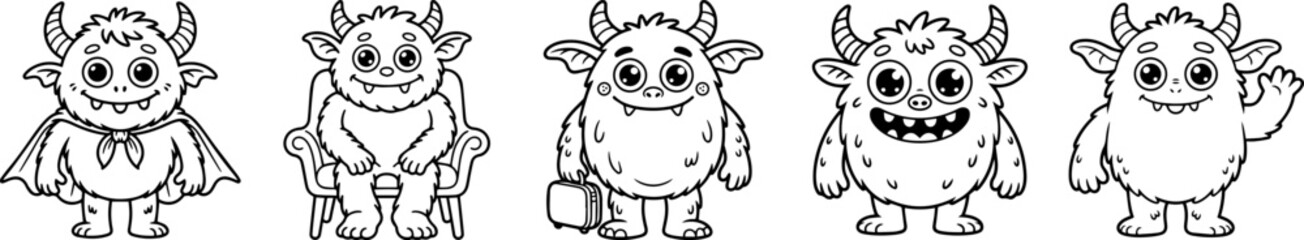 Fototapeta premium Collection of Cute Line Art Cartoon Monsters for Kids