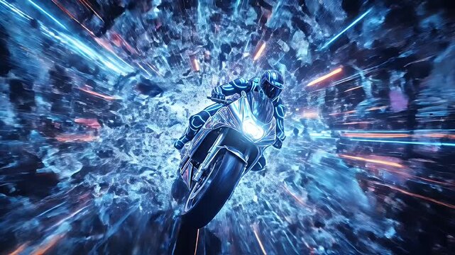 Front view of superbike rider racing through shattering glass dimension with high speed motion