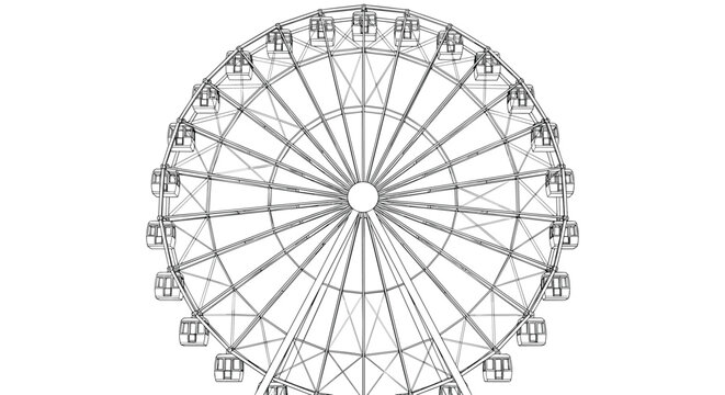 Symmetrical black and white line drawing of a large Ferris wheel at an amusement park showing all its gondolas and structural beams.
