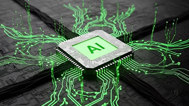AI microchip with green circuit board connections