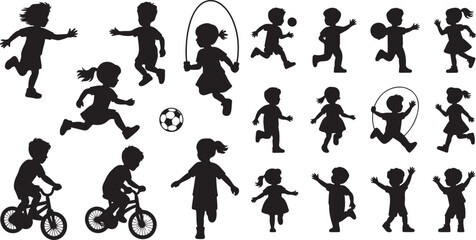 set of detailed children playing boys and girls. silhouette vector icon  illustration with white background.