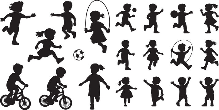 set of detailed children playing boys and girls. silhouette vector icon  illustration with white background.