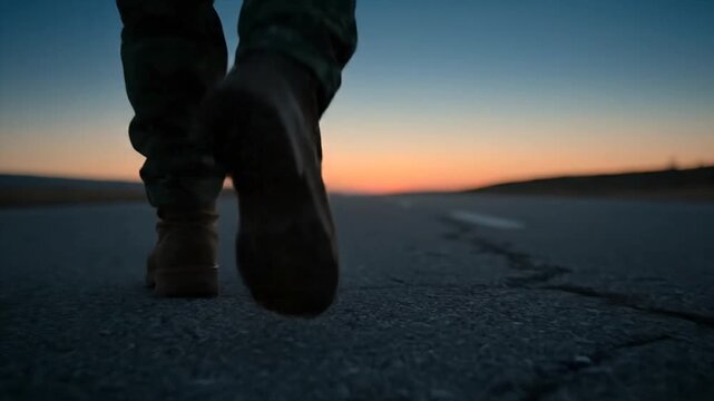 Person walking on asphalt road at sunset with blue and orange sky