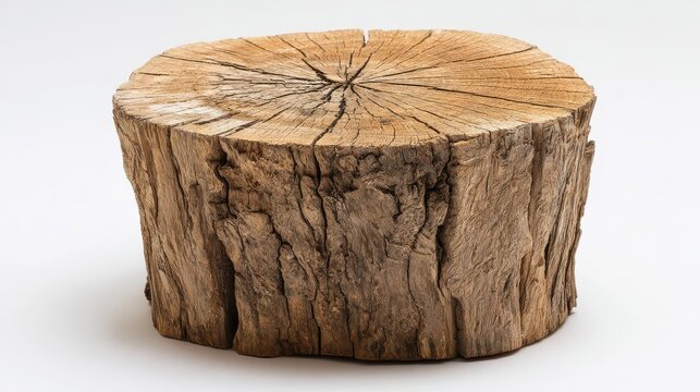 Rustic wooden tree stump stool with natural texture and aged grain isolated on white background