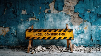 Under Construction sign in front of a weathered blue peeling wall with debris