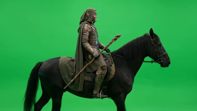 Fantasy elf ranger riding black horse on green screen background