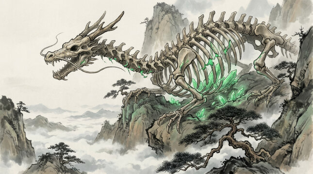 Chinese ink style: massive dragon bones with green ethereal glow soaring through foggy mountains and clouds. Mythical ancient fantasy art.