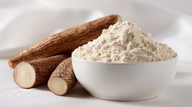 Fresh cassava roots and white cassava flour in a bowl on a light background