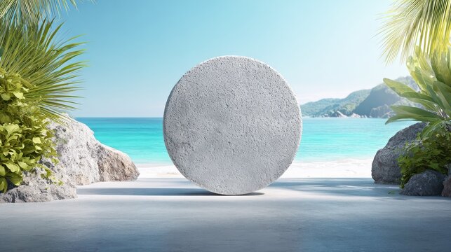 Round Stone Podium on Tropical Beach Background for Product Presentation