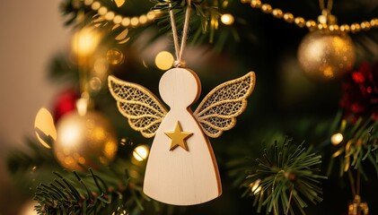 Fototapeta premium Christmas Angel: The heartwarming details of the holiday season, with a handcrafted wooden angel ornament hanging amidst twinkling lights and decorations, a testament to joy and seasonal cheer.