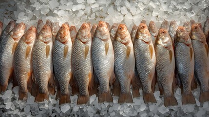 Fresh Raw Fish Displayed on Ice at Seafood Market