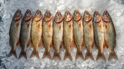 Fresh Raw Fish Displayed on Ice at Seafood Market