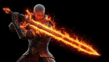 Fototapeta premium Fiery Warrior: A courageous warrior, embodies strength, wielding a flaming sword that blazes with an untamed intensity, set against a dark, dramatic backdrop.