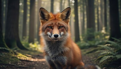 Fototapeta premium Fox in the Forest: A majestic fox, with its fiery red fur and cunning gaze, sits amidst a verdant forest, blending seamlessly with its natural surroundings.