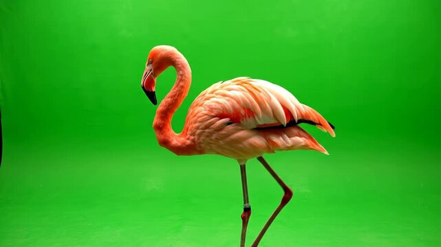 Perfectly isolated pink flamingo standing still on a bright green screen background, utility footage ready for easy compositing and alpha keying chroma key, alpha keying, commercial use
