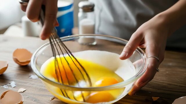 A person whisking eggs in a glass bowl, with eggshells, flour, and salt nearby. Ingredients