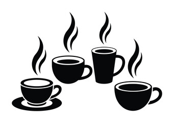 Obraz premium Four Steaming Coffee Cups in Black and White Silhouette
