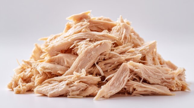 Pile of shredded chicken breast meat isolated on white background