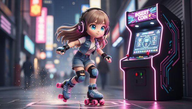 Retro Roll: A cartoon style girl roller skating in a neon-lit city, next to a classic arcade game. The image exudes a sense of playful nostalgia.