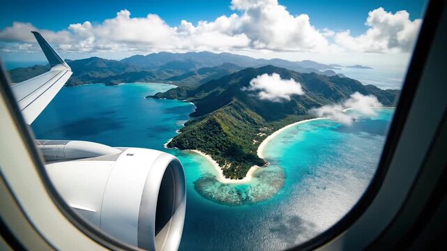 Tropical Island View from Airplane Window, travel and vacation concept