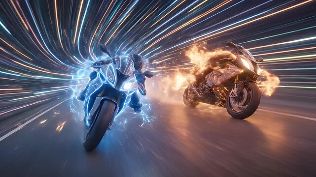 Futuristic motorcycle race with blue and orange neon light trails