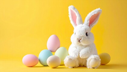 Fototapeta premium Soft plush bunny with pastel Easter eggs on vibrant yellow background, evoking cheerful spring celebration.