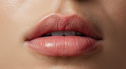 Obraz premium Lips: Captivating close-up of beautiful lips, revealing smooth texture and natural pink hue. A symbol of beauty and sensuality. 