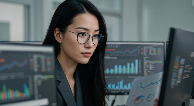 Analyst at Work: A focused analyst intently examines financial data on multiple monitors, her gaze locked in concentration. This moment of critical analysis, captures the drive of the financial world