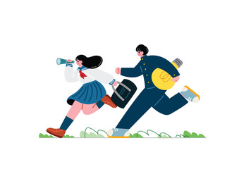 目標に向かって走る学生の男女